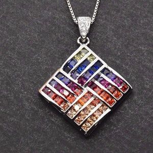 Silver Rainbow Sapphire Rhombus Pendant Necklace